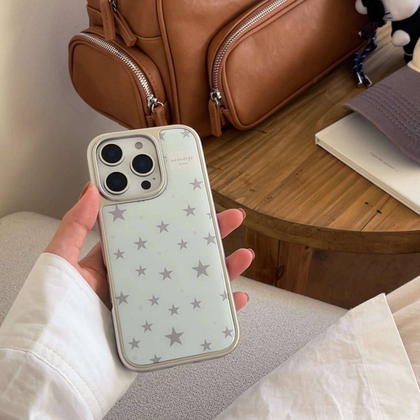 Full Screen Grey Five Pointed Star Grey Wave Point Mint Blue Cover Case for iPhone